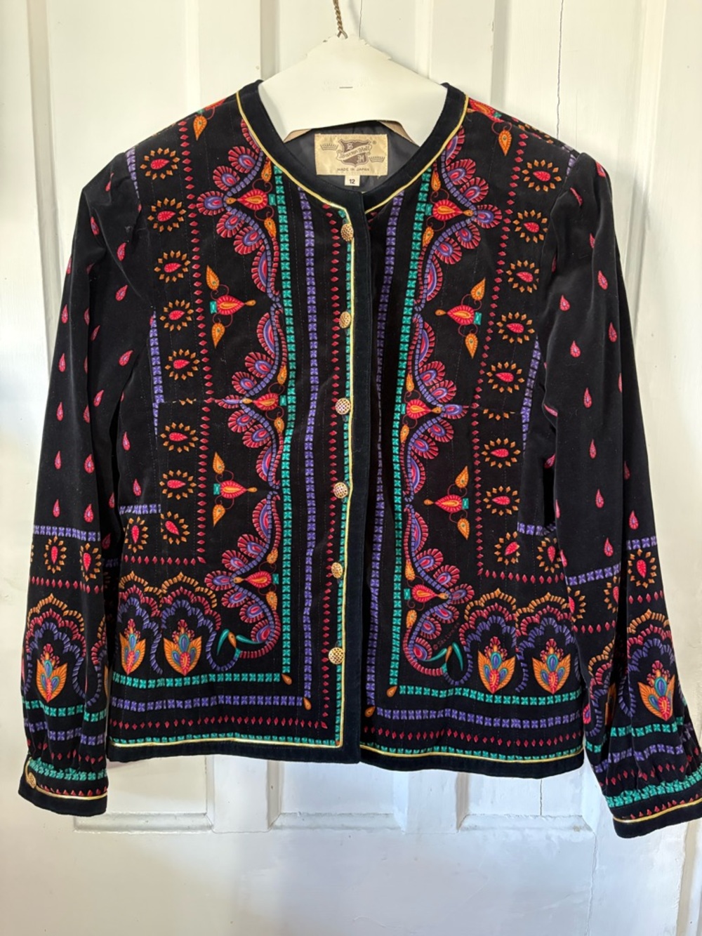 Vintage Art Deco Boho Black Cotton Velvet Jacket with Multicolor Folk Motif